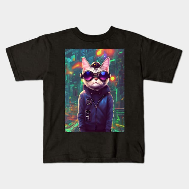 Cool Japanese Techno Cat In Japan Neon City Kids T-Shirt by star trek fanart and more